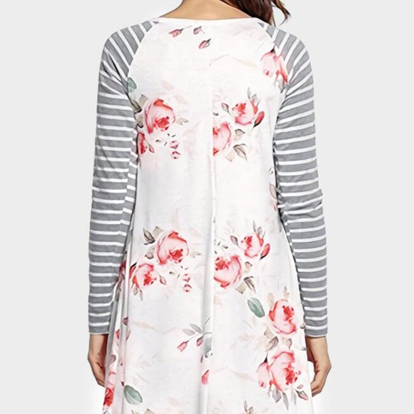 White Floral Print Stripe Raglan 3/4 sleeve Dress - Picture 4 of 5